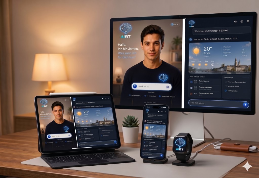 James auf Monitor, Tablet, Smartphone und Smartwatch — ein Begleiter auf allen Geräten.