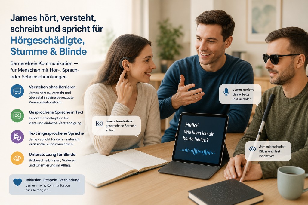 James für barrierefreie Kommunikation — transkribieren, vorlesen, Bilder beschreiben; für Hör-, Sprach- und Seheinschränkungen.