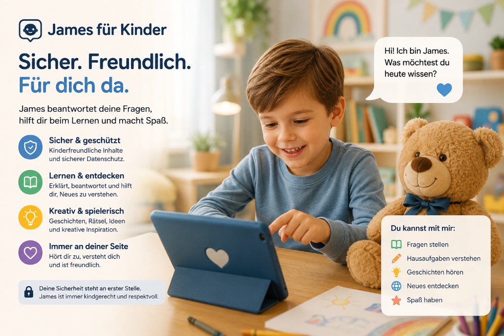 James für Kinder — sicher und geschützt, Lernen und Entdecken, kreativ und spielerisch, freundlich an der Seite der Kinder.