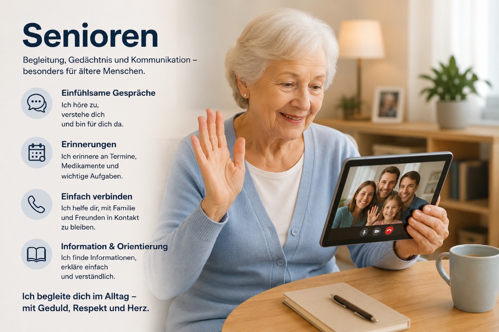 James für Senioren — einfühlsame Gespräche, Erinnerungen an Termine und Medikamente, Kontakt zu Familie, verständliche Informationen.