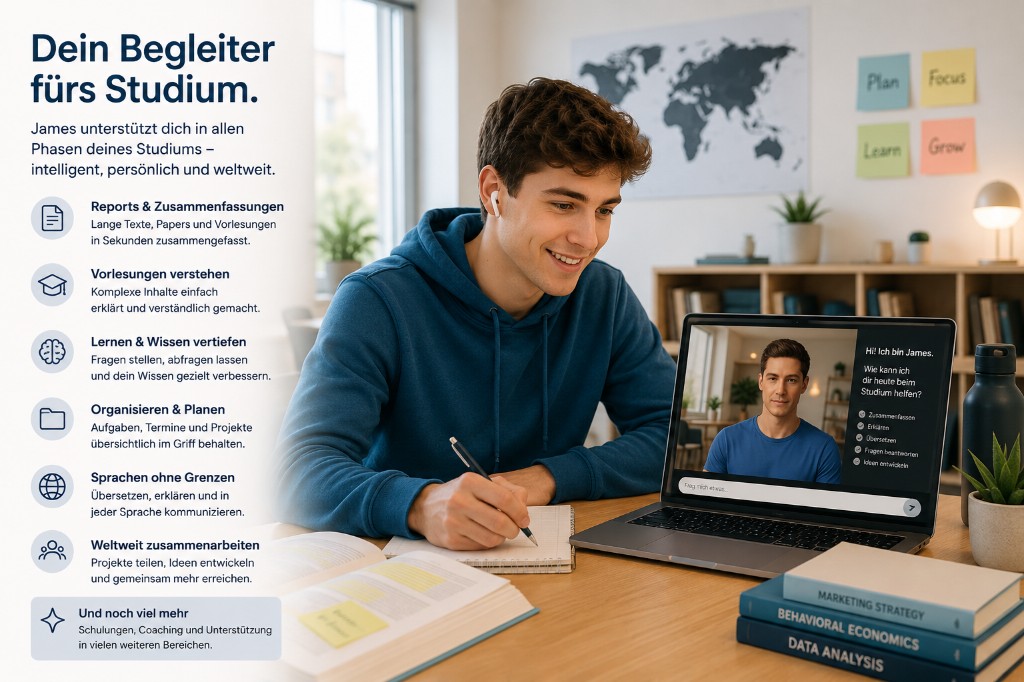 James für Studierende — Zusammenfassungen, Vorlesungen verstehen, Lernen, Planen, Sprachen und Zusammenarbeit weltweit.