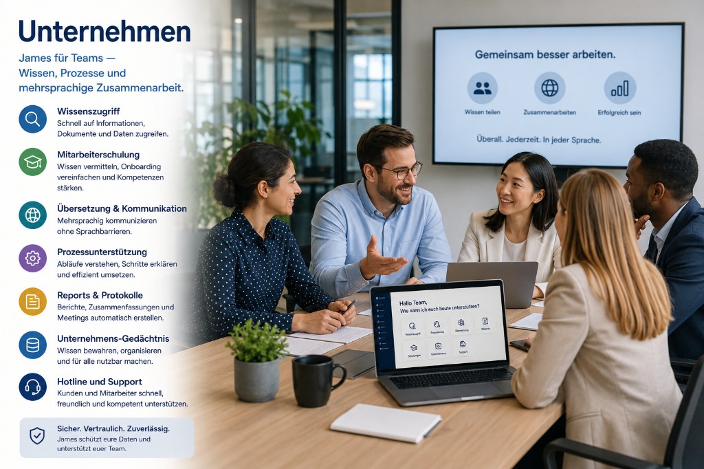 James für Unternehmen — Teams an einem Tisch mit Laptop; Wissenszugriff, Schulung, Übersetzung, Prozesse, Reports, Unternehmensgedächtnis und Support.