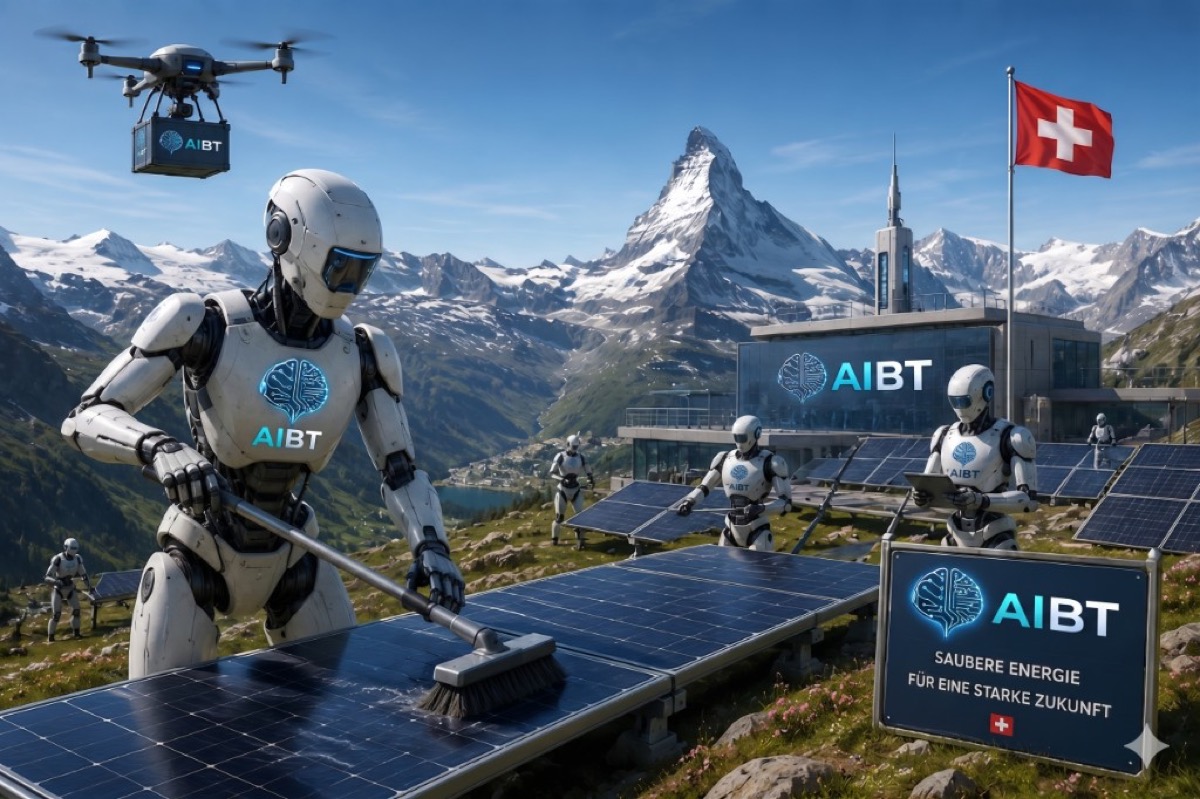 Saubere Energie mit AIBT — Robotik und Solarpanels in den Schweizer Alpen am Matterhorn.