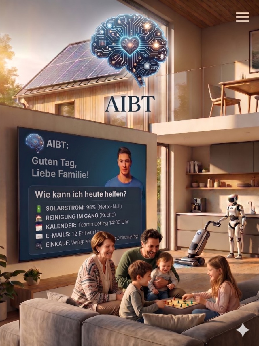 Lebensqualität mit AIBT — Familie zu Hause, Smart Home, Solarstrom und KI-Unterstützung.